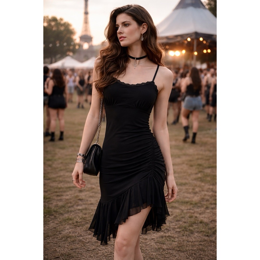Wild Fable Dress S Black Lace Trim Babydoll Asym Hem Ruched Whimsigothβ Y2K
